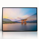 Large abstract wall art depicting a serene Japanese landscape in muted earth tones, framed in black acrylic.