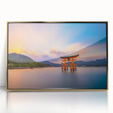 Large acrylic print of a mid-century modernist Japanese scenery in gold and black tones, suitable for modern art wall decor.