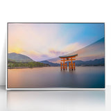 Art deco poster of a serene Japanese landscape in muted earth tones, acrylic print framed in white.