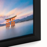 Extra large framed canvas featuring a textured, colorful depiction of a Japanese scenery in black.
