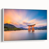 Vintage poster art of a Japanese landscape on framed canvas, featuring vibrant colors against a black background.
