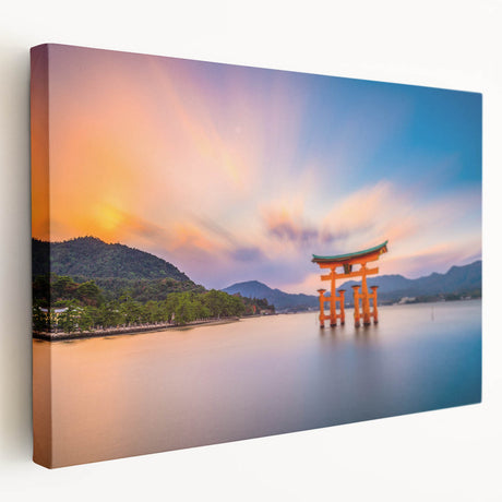 Large art depicting a serene Japanese landscape on stretched canvas, with muted earth tones, ideal for kitchen wall décor.