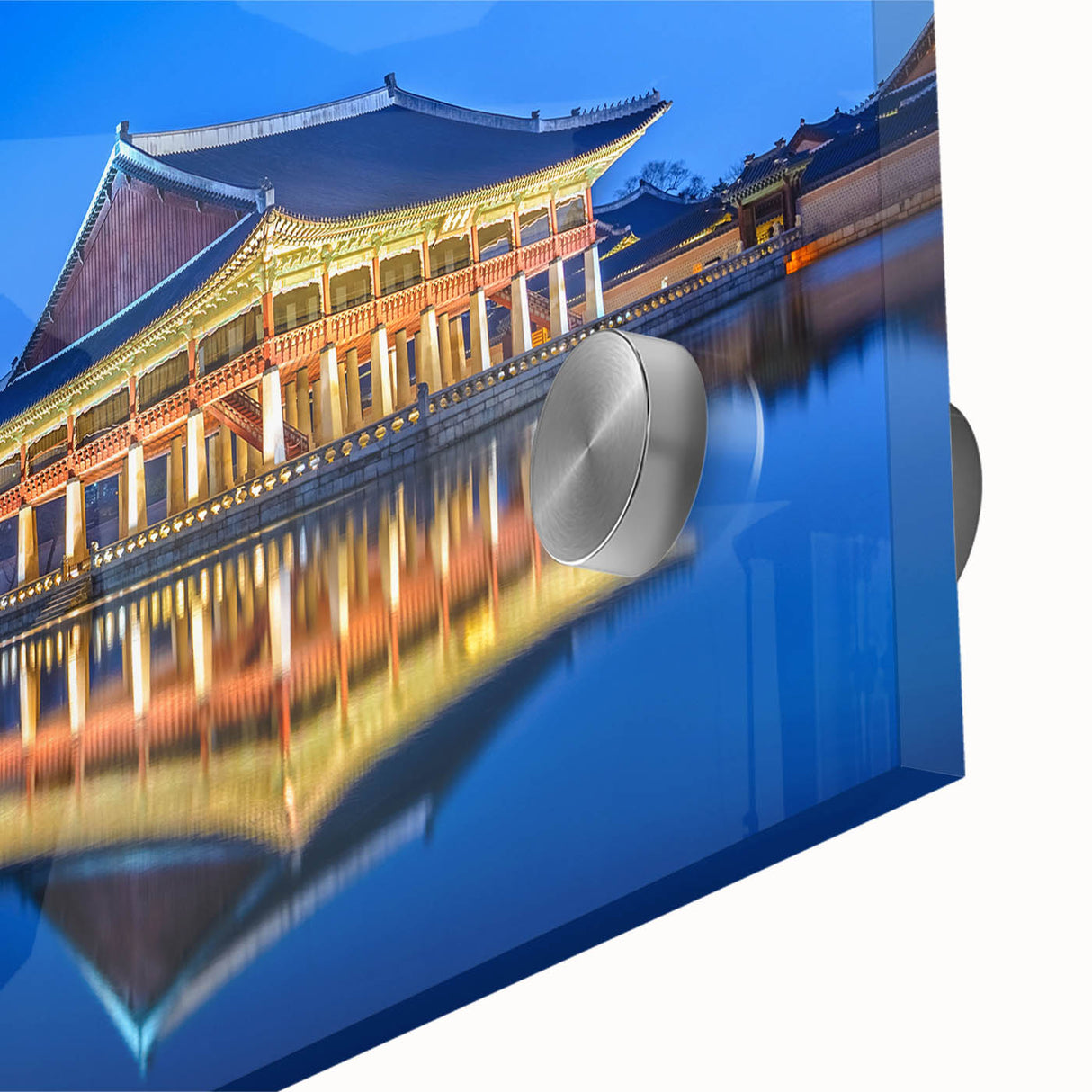 Large abstract wall art depicting the Seoul skyline in muted gray tones on acrylic glass, ideal for dining room decor.
