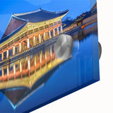Large abstract wall art depicting the Seoul skyline in muted gray tones on acrylic glass, ideal for dining room decor.