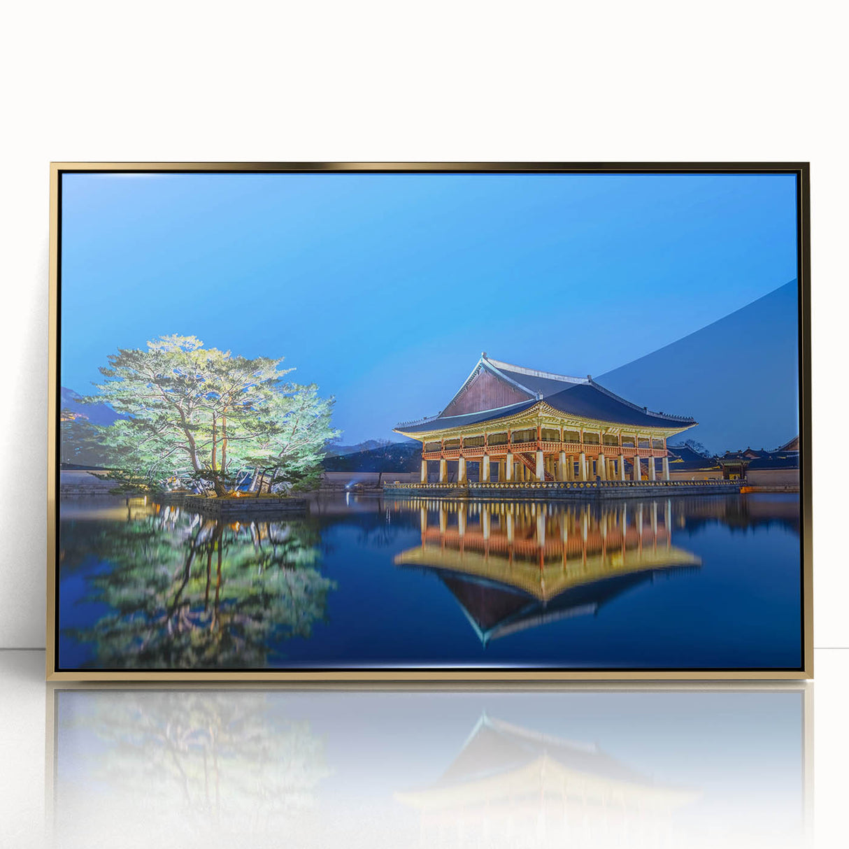 Large art print of Seoul skyline in gold and black tones on a framed acrylic, suited for modern art wall decor.
