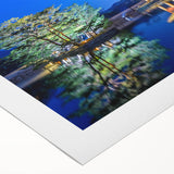 Art deco poster of Seoul skyline in muted gold and teal colors on rolled canvas, suitable for dining room wall art.