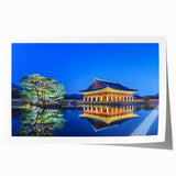 Extra large rolled print of Seoul skyline with soft pink and blue hues, ideal for art wall dining room decor.