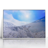 Art deco poster featuring a stylized Seoul skyline in muted blue and pink tones on a white framed acrylic.