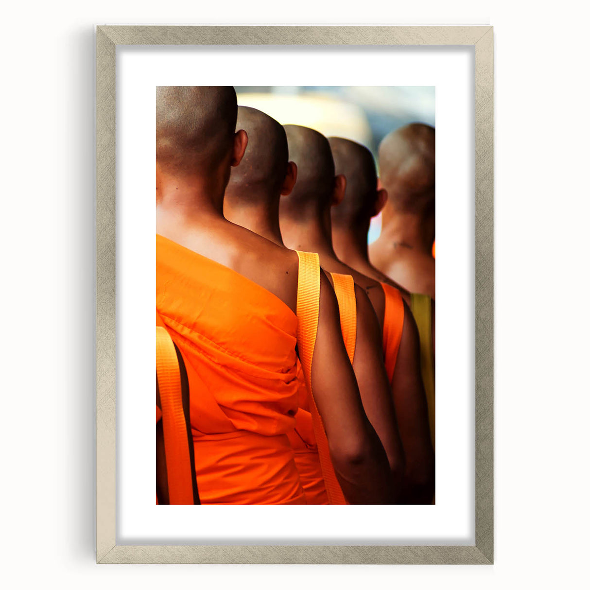 Textured abstract art print depicting a serene Laotian landscape in muted earth tones, framed in silver.