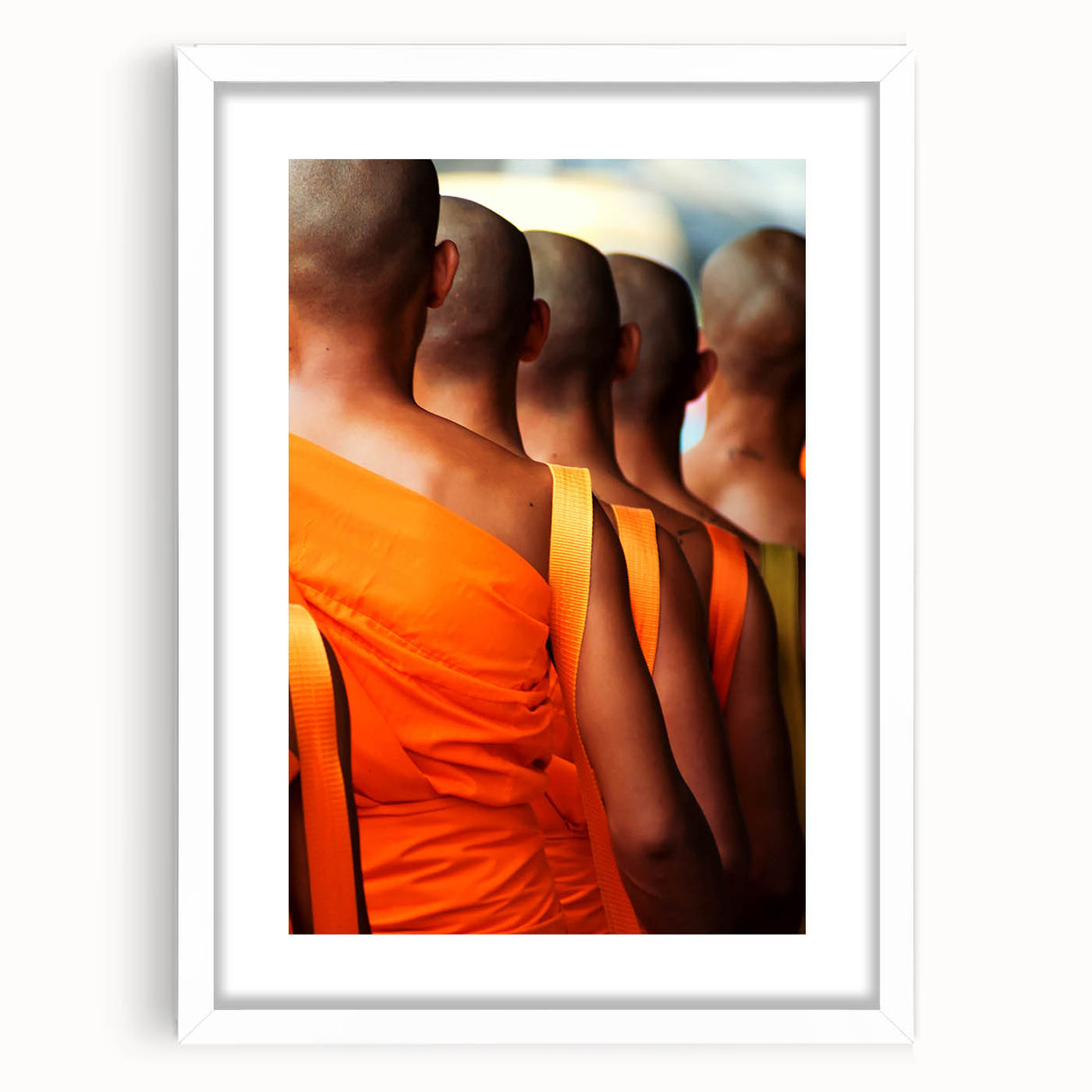 Abstract art print of a Laos landscape in muted earth tones on a white framed canvas, ideal for dining room decor.