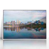 Art deco style poster featuring a serene Malaysian landscape in pastel colors, framed in white acrylic.