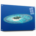 Acrylic glass print of a serene Maldives beach scene in cool blue and white tones, ideal for bedroom or dining room decor.