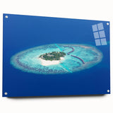 Acrylic glass print of a serene Maldives beach scene in cool blue and white tones, ideal for bedroom or dining room decor.