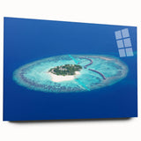 Acrylic print of a serene Maldivian seascape in muted blue and white tones, suitable for bedroom or dining room decor.