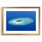 Extra large abstract art print of Maldivian scenery in gold frame, ideal for living room decor.