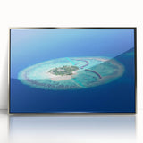 Mid-century modernist art depicting the Maldives scenery in muted blue tones on a framed acrylic print.