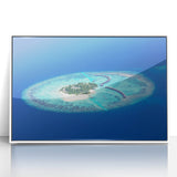 Acrylic print of a serene Maldives beach scene in pastel shades, framed in white, suitable for modern art wall decor.