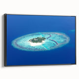 Black and white framed canvas of a Maldivian landscape, ideal for bedroom wall decor.