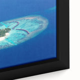 Extra large black framed canvas depicting a textured, colorful Maldivian scenery, ideal for living room decor.