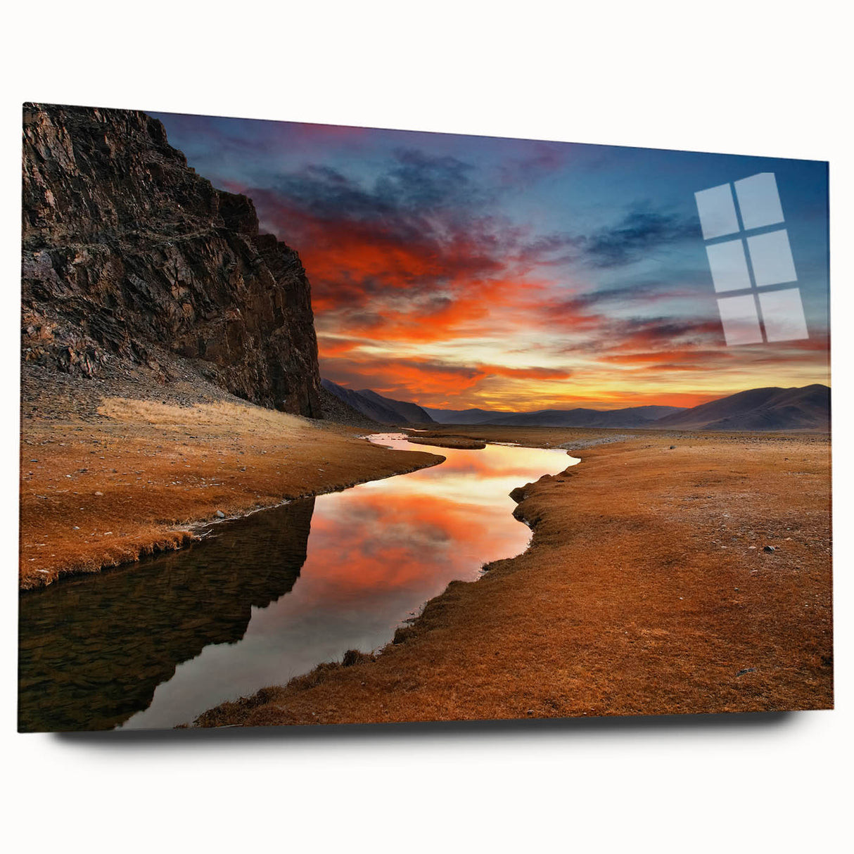 Acrylic print of a large abstract Mongolian landscape in earthy tones, ideal for bedroom or dining room art.