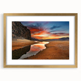 Extra large abstract art print depicting a textured Mongolian landscape in muted earth tones, framed in gold.