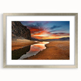 Textured abstract art print depicting a Mongolian landscape in muted earth tones, framed in silver, ideal for bedroom art.