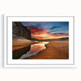 Abstract art print of a Mongolian landscape in muted earth tones on a framed white mat.