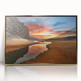 Mid-century modernist style large art print depicting a serene Mongolian landscape, with muted earth tones.