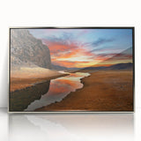Mid-century modernist acrylic print depicting a serene Mongolian landscape in muted earth tones.