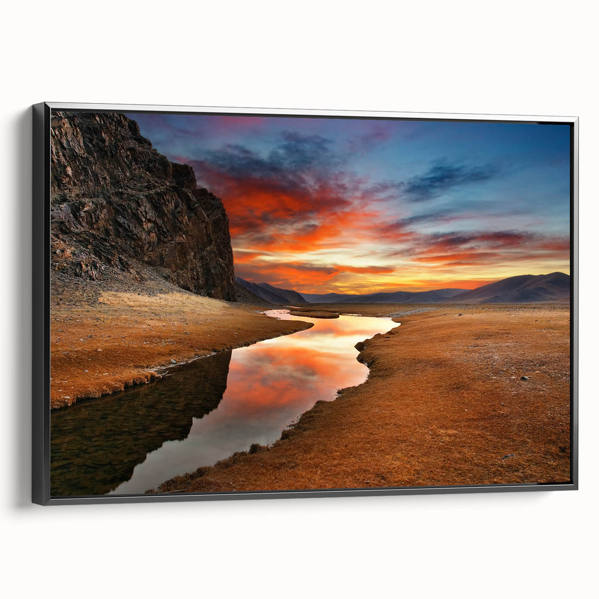 Black and white landscape art painting of Mongolia on framed canvas, suitable for bedroom wall art.
