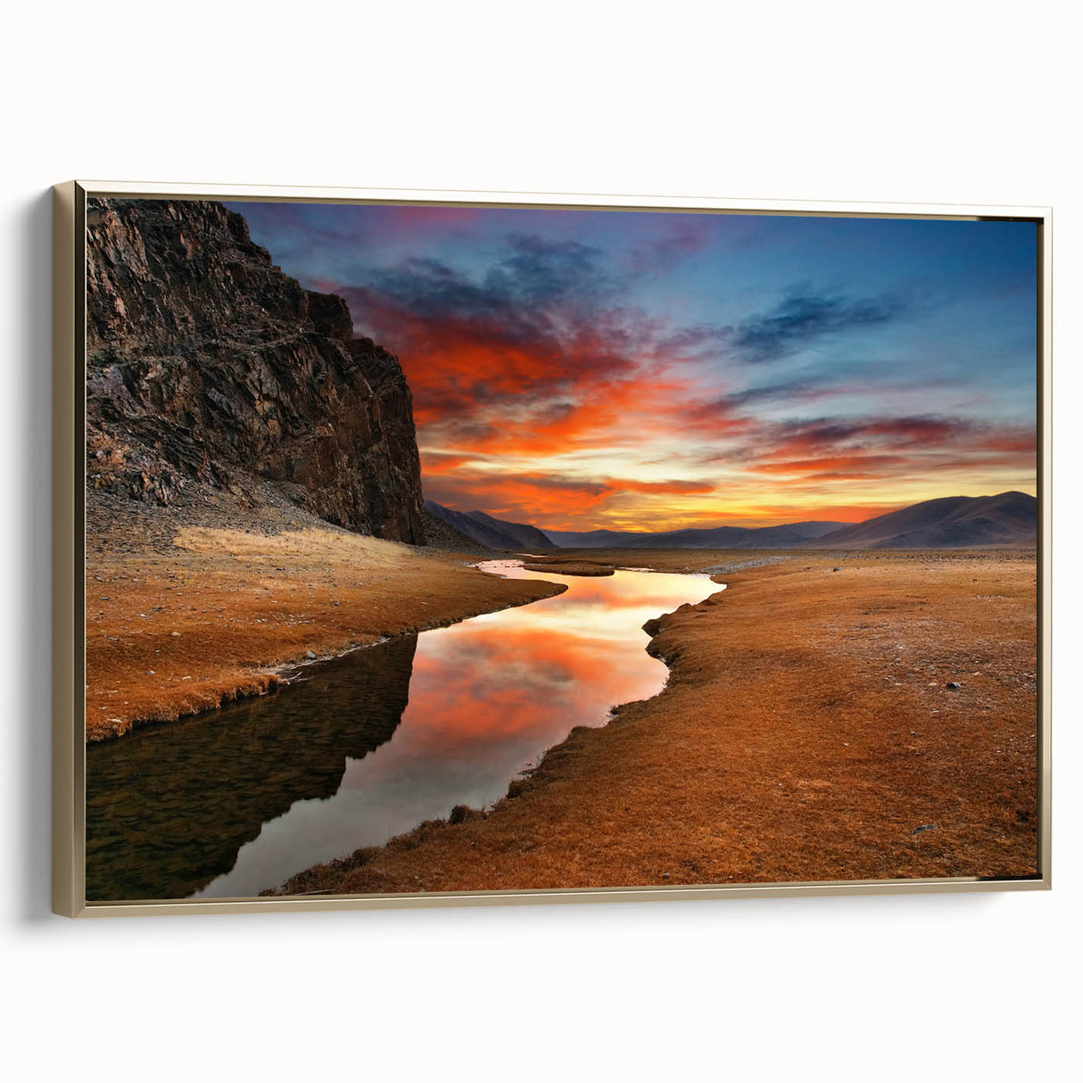 Framed canvas featuring a vintage-style Mongolian landscape in muted gold and black tones, ideal for bedroom wall art.