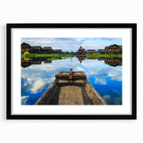 Extra large abstract art print of a colorful, textured Myanmar scenery in a black frame, ideal for living room decor.