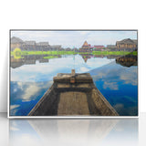 Acrylic print of a serene Myanmar landscape in soft pastel shades, framed in white.