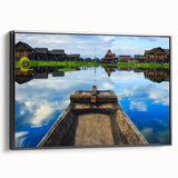 Black and white landscape art painting of Myanmar scenery on framed canvas, ideal for bedroom wall decor.