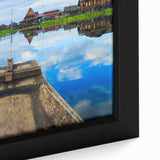 Extra large framed canvas featuring a textured depiction of a Myanmar landscape in black with vibrant color accents.