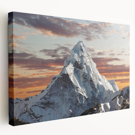Large stretched canvas depicting the Everest scenery in Nepal, with cool blue and white tones, ideal for kitchen wall art.