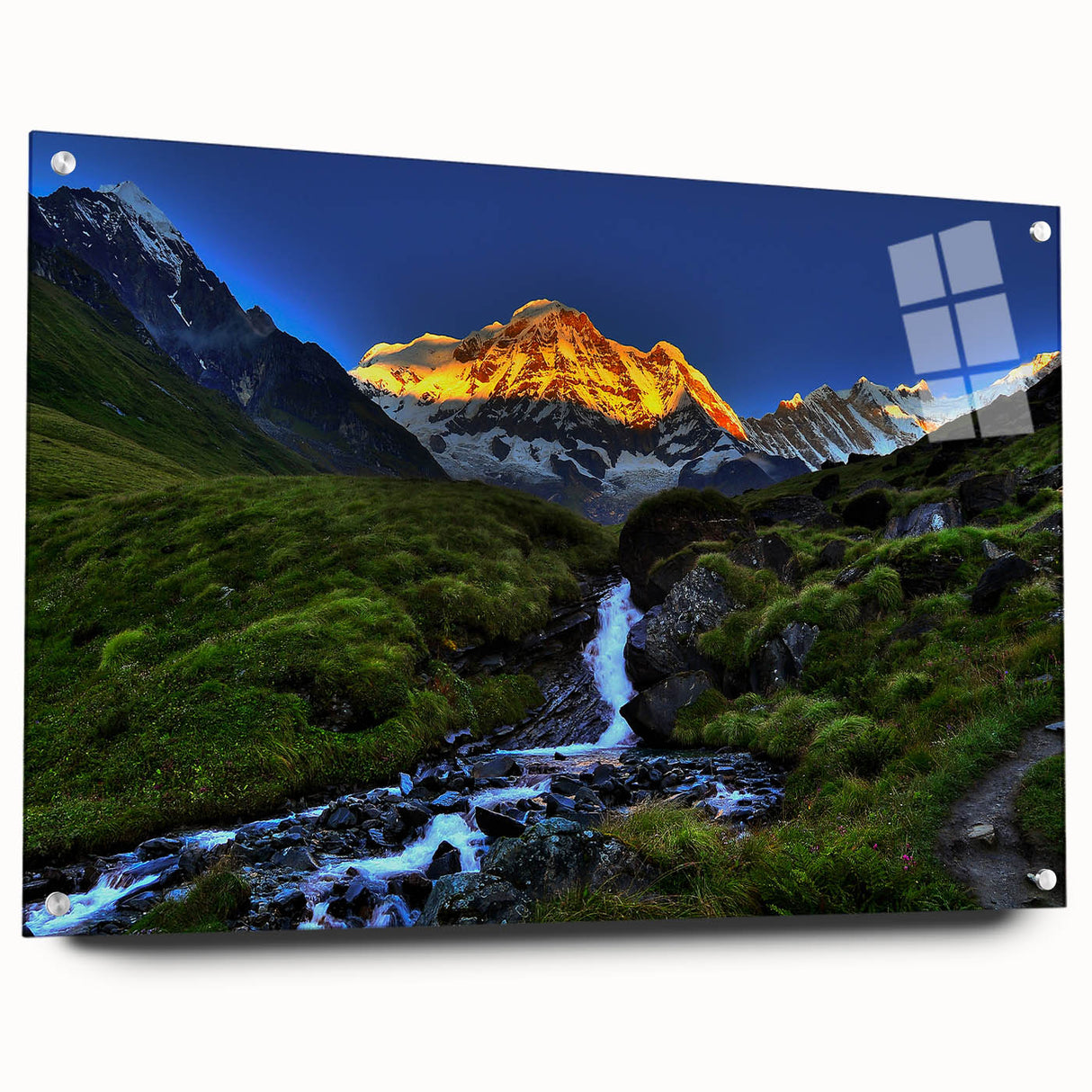 Large abstract depiction of a Nepalese landscape on acrylic glass, featuring earthy tones.
