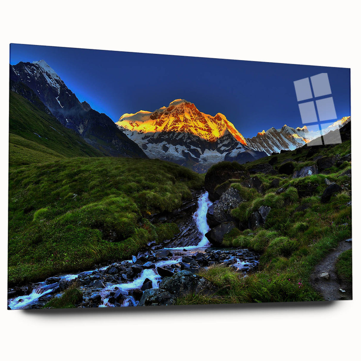 Large abstract wall art depicting a serene Nepalese landscape in muted earth tones on acrylic glass.