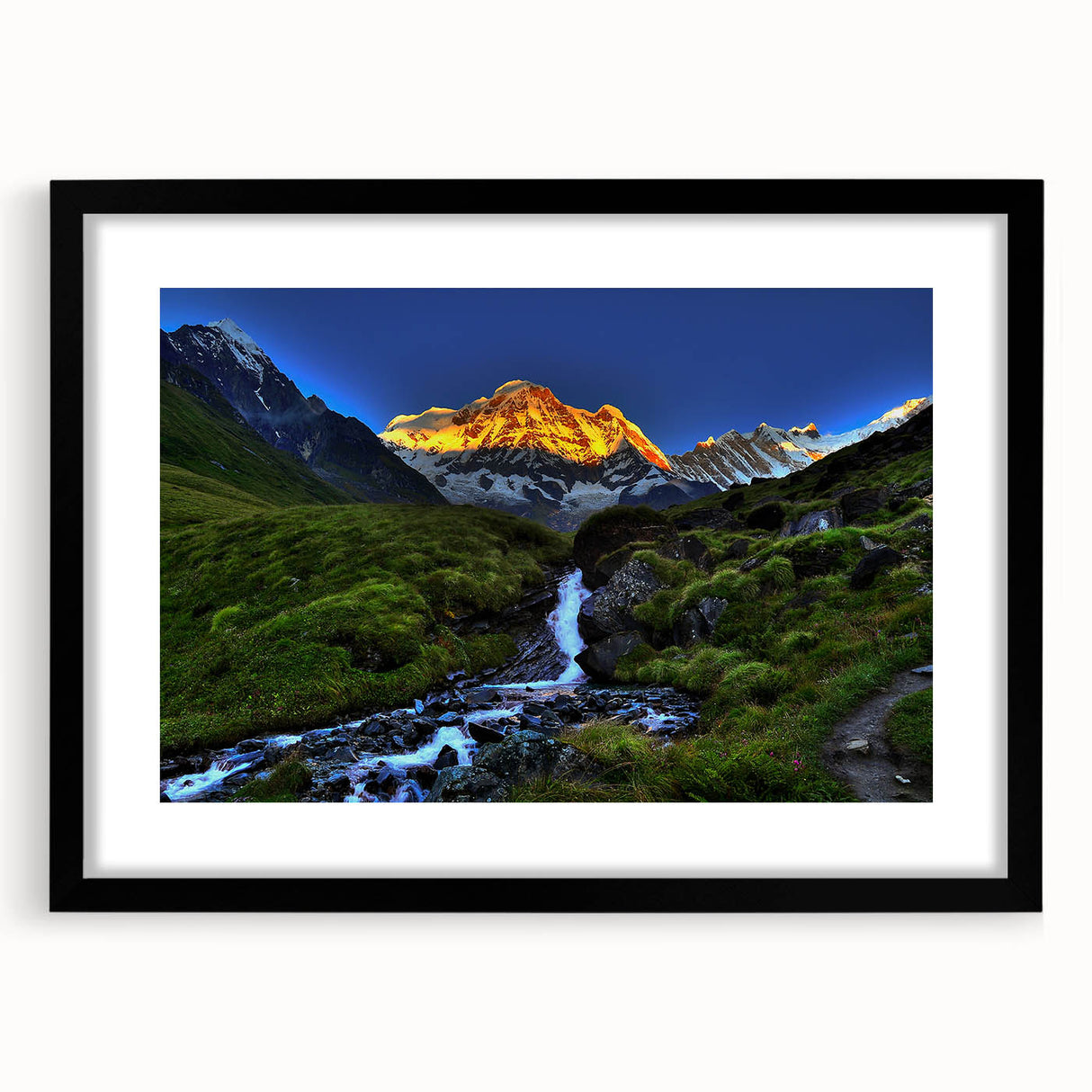 Extra large abstract art print of a colorful, textured Nepalese landscape on a black framed canvas.