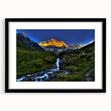 Extra large abstract art print of a colorful, textured Nepalese landscape on a black framed canvas.
