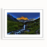 Abstract art print of a Nepalese landscape in muted earth tones on a framed white mat, ideal for dining room decor.