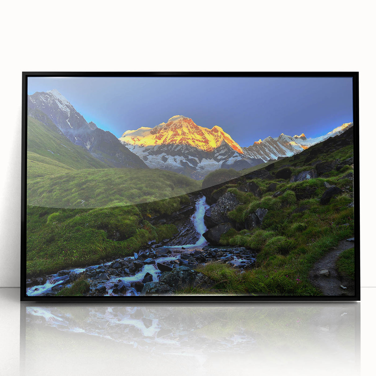 Large abstract wall art depicting a stylized Nepal scenery in black and white tones on a framed acrylic.