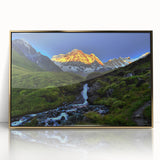 Large art print of a serene Nepalese landscape in muted earth tones on a framed acrylic, ideal for modern art wall decor.