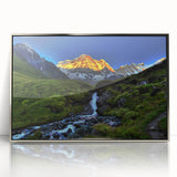 Mid-century modernist art depicting a serene Nepalese landscape in acrylic, framed in silver, ideal for nursery wall art.