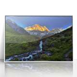 Art Deco poster featuring a serene Nepalese landscape in muted earth tones on a framed acrylic panel.