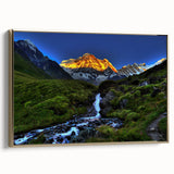 Framed canvas wall art depicting a vintage-style Nepalese landscape in muted gold and black tones, ideal for bedroom decor.