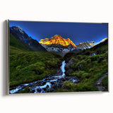 Landscape art painting of a scenic Nepalese mountain range on a silver-framed canvas.
