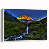 Vintage poster art of a Nepali landscape on framed canvas, featuring vibrant colorful art, ideal for living room decor.