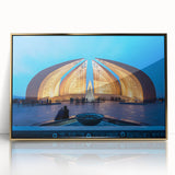 Large art print of a Pakistani landscape on framed acrylic, featuring mid-century modernist style with earthy tones.