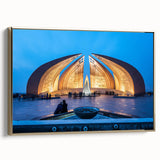 Framed canvas landscape painting of a serene Pakistani scenery in muted gold and black tones, ideal for bedroom wall decor.